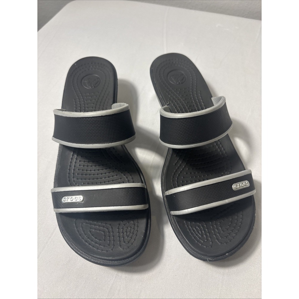 Crocs Womens W7 Black Gray Double Strap Wedge Slide Comfort Sandals Shoes